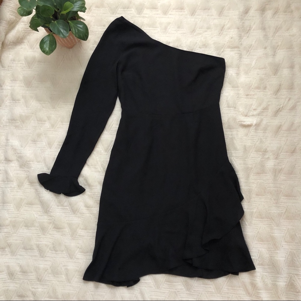 LIKELY Black One Shoulder Ruffle Mini Dress